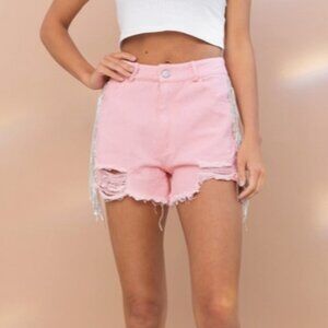 Rhinestone Side washed pink denim shorts